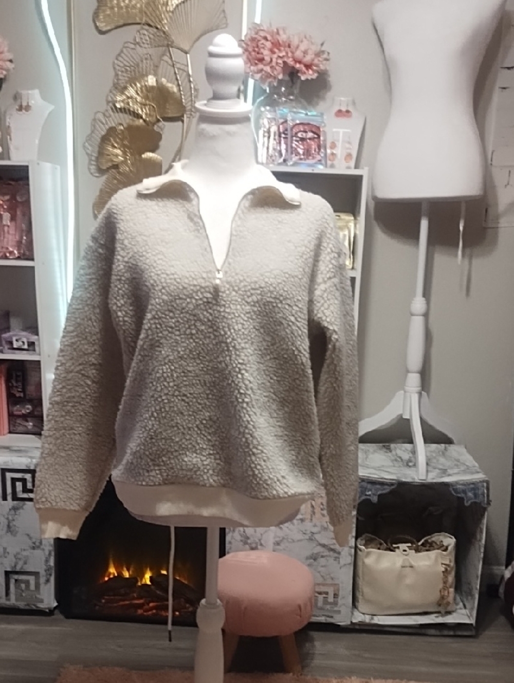 DONNI. Cream Sherpa Half-Zip Pullover Sweater